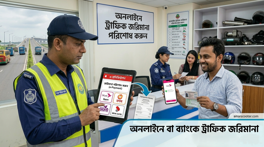 রাস্তায় ট্রাফিক পুলিশ মামলা দিলে কীভাবে তা অনলাইনে বা ব্যাংকে পরিশোধ করবেন amarscooter.com